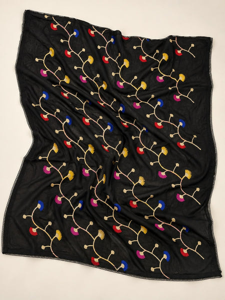 Black Cotton Dupatta with Multicolour Thread Work