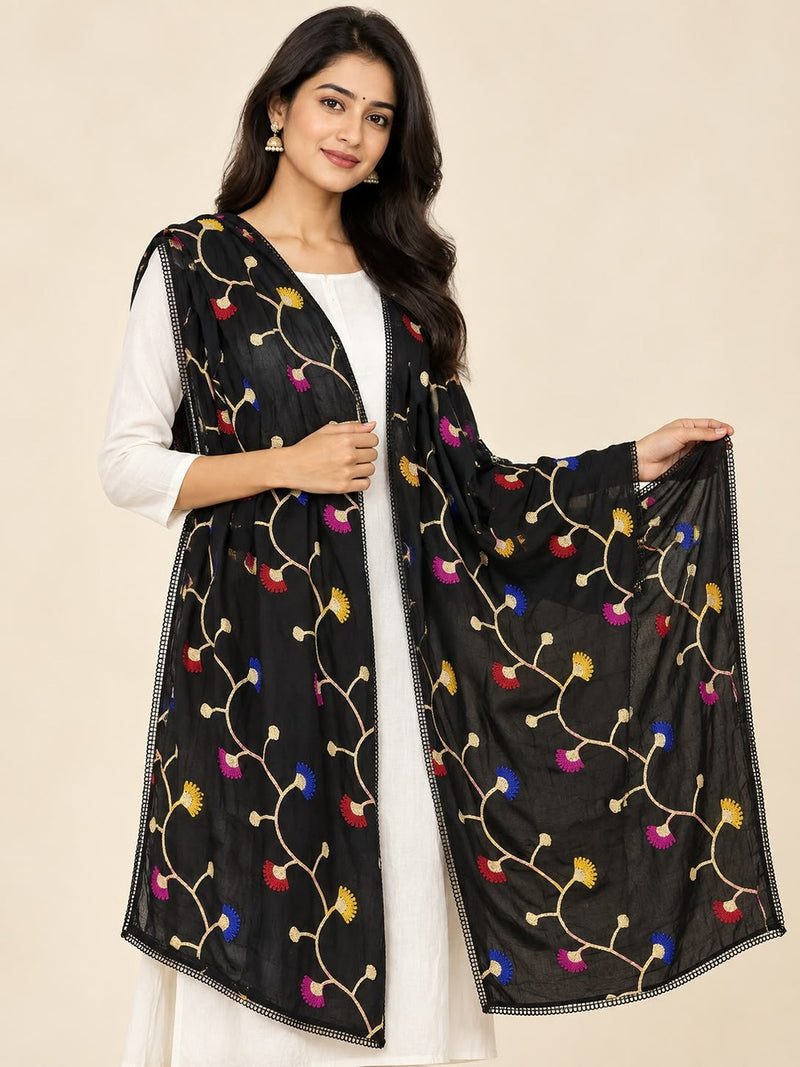 Black Cotton Dupatta with Multicolour Thread Work