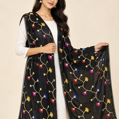 Black Cotton Dupatta with Multicolour Thread Work