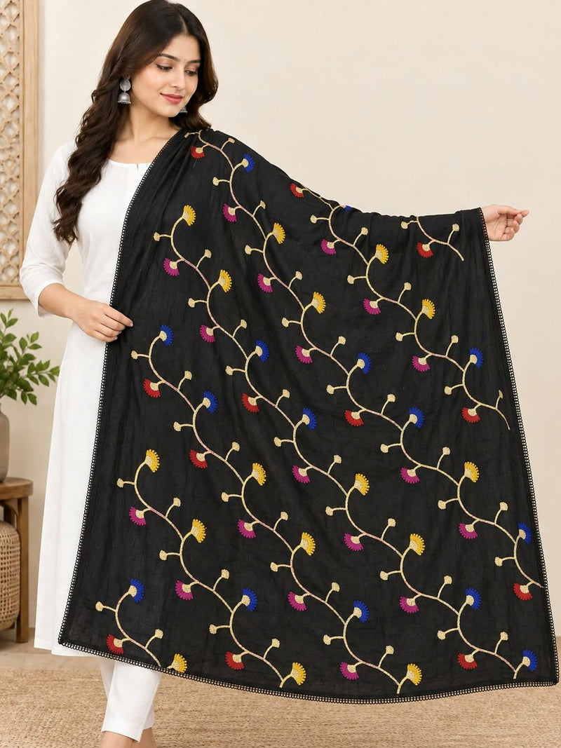 Black Cotton Dupatta with Multicolour Thread Work