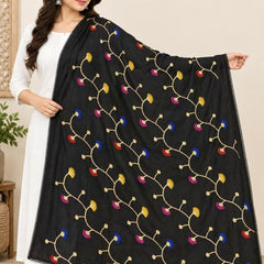 Black Cotton Dupatta with Multicolour Thread Work