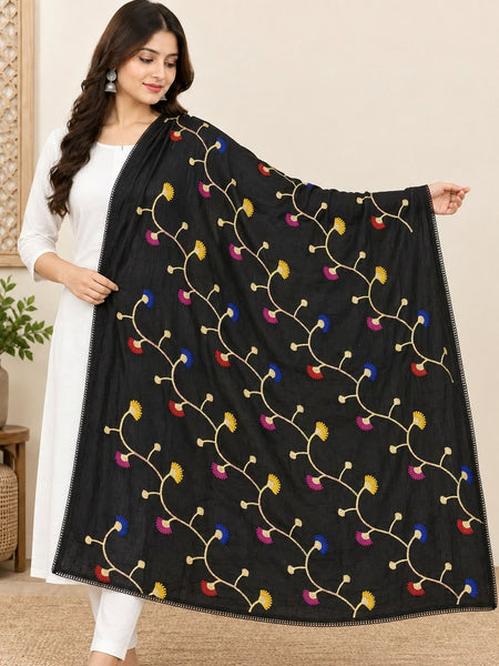 Black Cotton Dupatta with Multicolour Thread Work