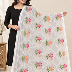 White Chiffon Dupatta with Thread Work & Floral Brush Print