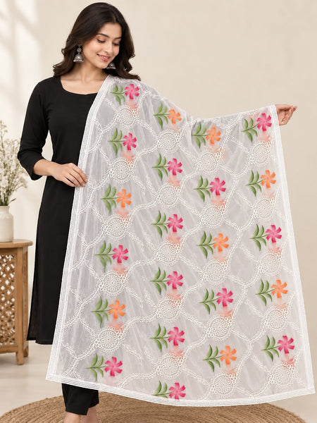 White Chiffon Dupatta with Thread Work & Floral Brush Print