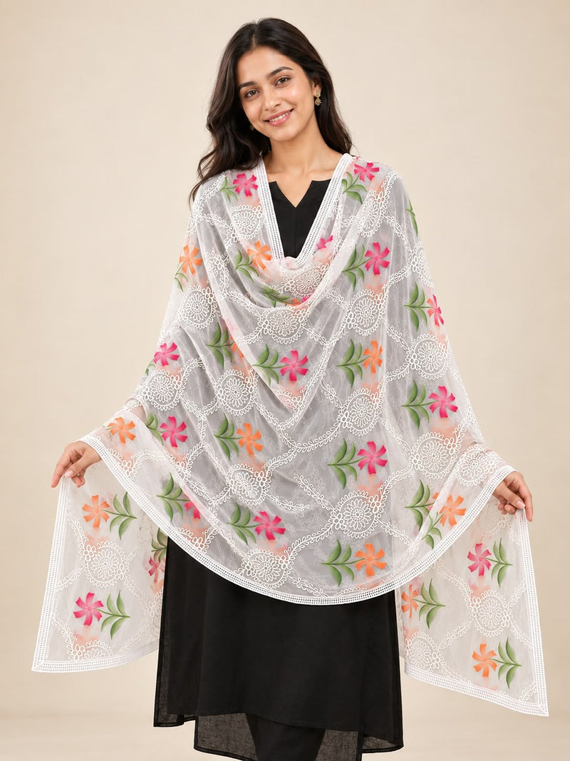 White Chiffon Dupatta with Thread Work & Floral Brush Print