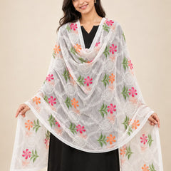 White Chiffon Dupatta with Thread Work & Floral Brush Print