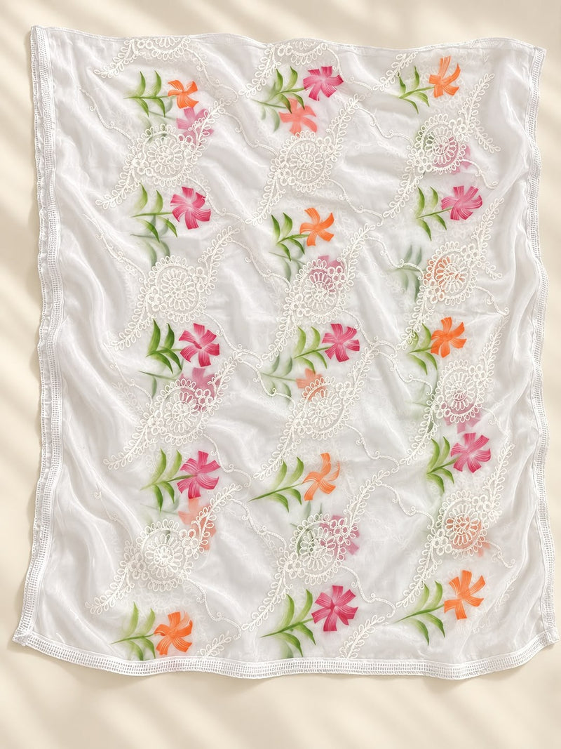 White Chiffon Dupatta with Thread Work & Floral Brush Print