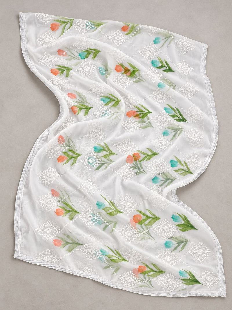 White Chiffon Dupatta with Thread Work & Floral Brush Print