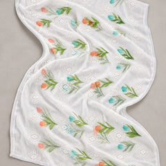 White Chiffon Dupatta with Thread Work & Floral Brush Print