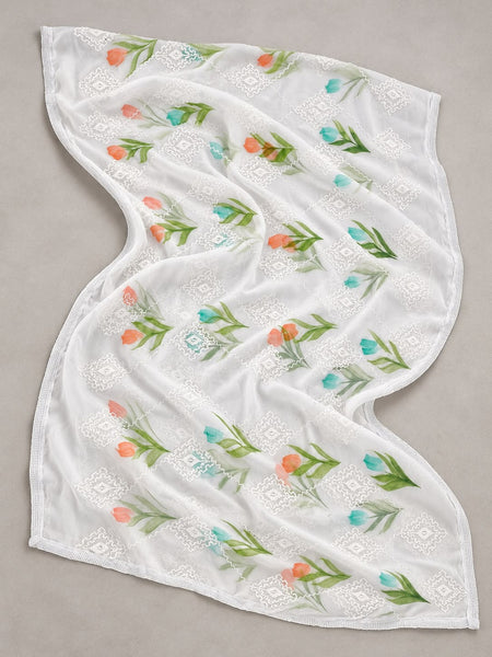 White Chiffon Dupatta with Thread Work & Floral Brush Print
