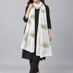 White Chiffon Dupatta with Thread Work & Floral Brush Print