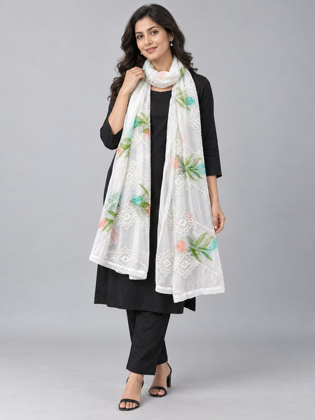 White Chiffon Dupatta with Thread Work & Floral Brush Print