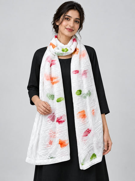 White Chiffon Dupatta with Thread Work & Floral Brush Print