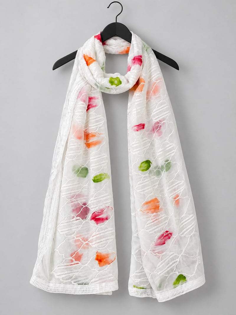 White Chiffon Dupatta with Thread Work & Floral Brush Print