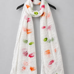 White Chiffon Dupatta with Thread Work & Floral Brush Print