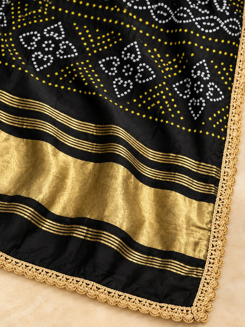 Gaji Silk Printed Dupatta with Gold Border & Lace Edging