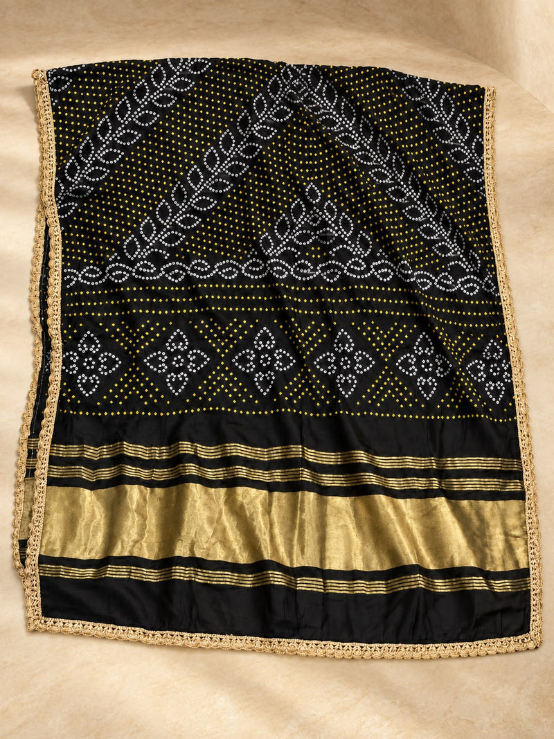 Gaji Silk Printed Dupatta with Gold Border & Lace Edging