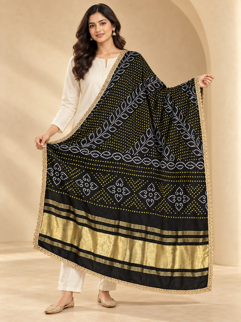 Gaji Silk Printed Dupatta with Gold Border & Lace Edging