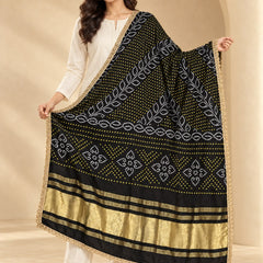 Gaji Silk Printed Dupatta with Gold Border & Lace Edging