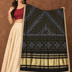 Gaji Silk Printed Dupatta with Gold Border & Lace Edging