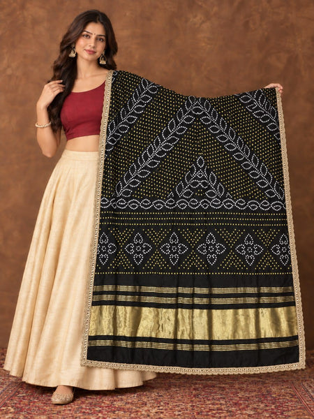 Gaji Silk Printed Dupatta with Gold Border & Lace Edging