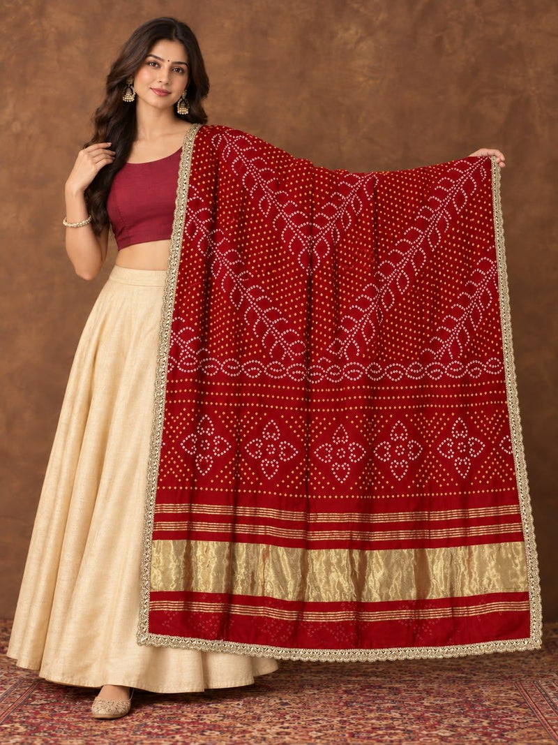 Gaji Silk Printed Dupatta with Gold Border & Lace Edging
