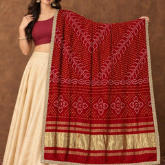 Gaji Silk Printed Dupatta with Gold Border & Lace Edging