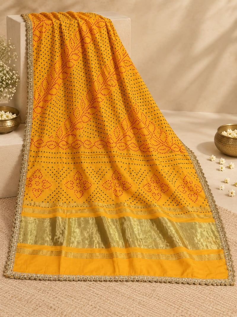 Yellow Gaji Silk Printed Dupatta with Gold Border & Lace Edging