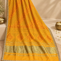 Yellow Gaji Silk Printed Dupatta with Gold Border & Lace Edging
