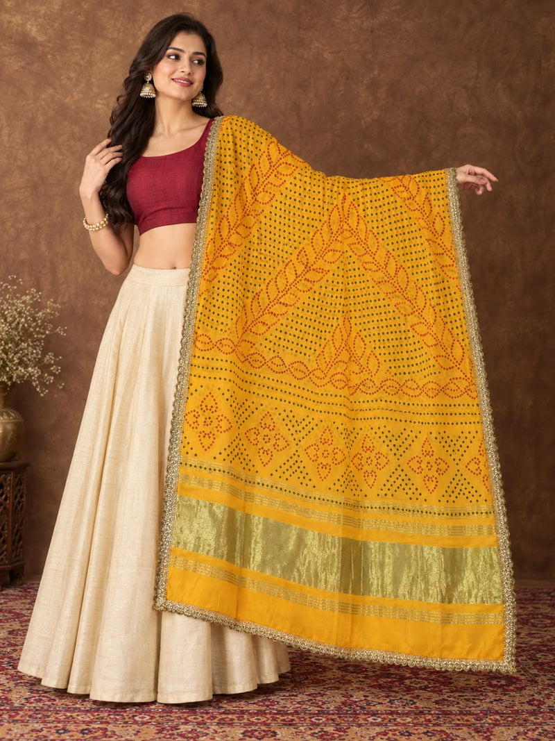 Yellow Gaji Silk Printed Dupatta with Gold Border & Lace Edging