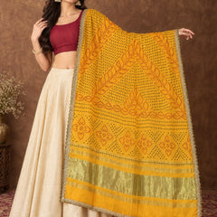 Yellow Gaji Silk Printed Dupatta with Gold Border & Lace Edging