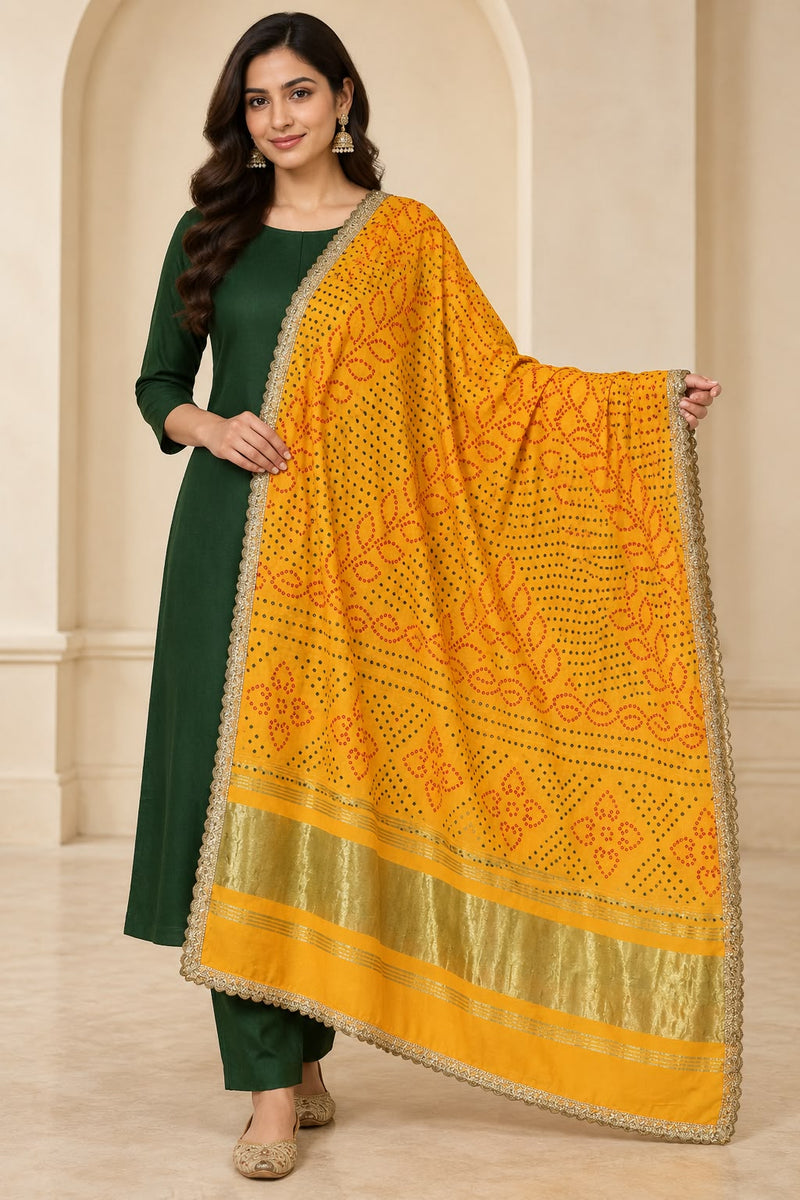 Yellow Gaji Silk Printed Dupatta with Gold Border & Lace Edging
