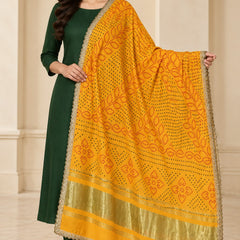 Yellow Gaji Silk Printed Dupatta with Gold Border & Lace Edging