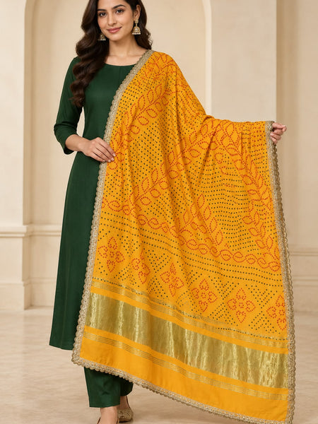 Yellow Gaji Silk Printed Dupatta with Gold Border & Lace Edging
