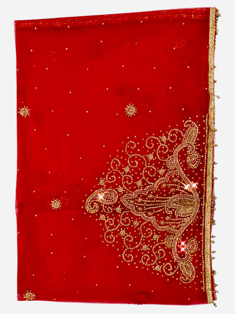 Red Bridal Heavy Stone Work Dupatta with Golden Embroidery