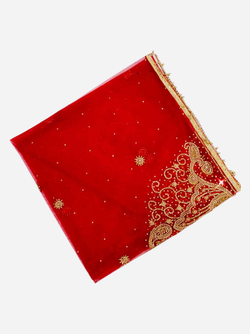 Red Bridal Heavy Stone Work Dupatta with Golden Embroidery