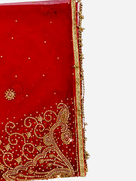 Red Bridal Heavy Stone Work Dupatta with Golden Embroidery