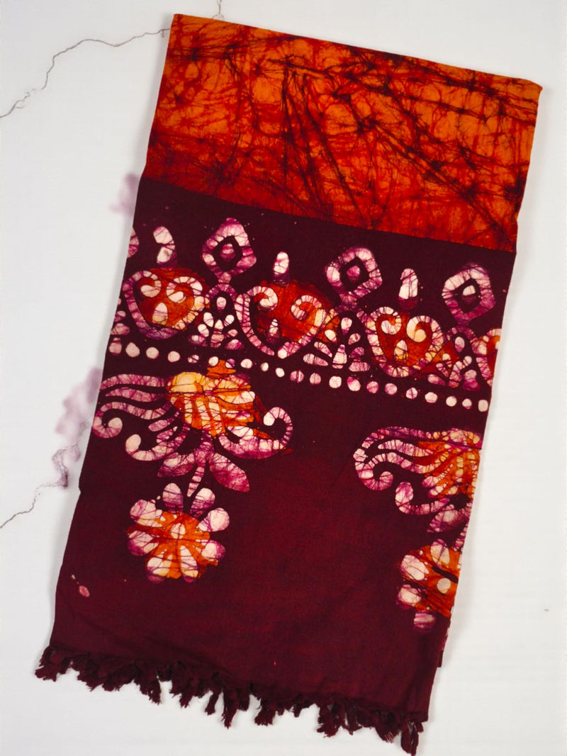 Maroon & Orange Batik Shawl – Soft Cotton Ethnic Wrap