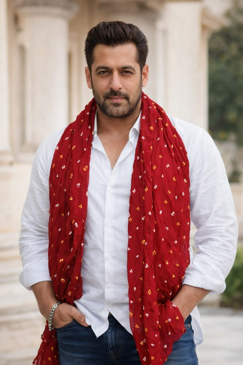 Men's Red Bandhani Print Dupatta