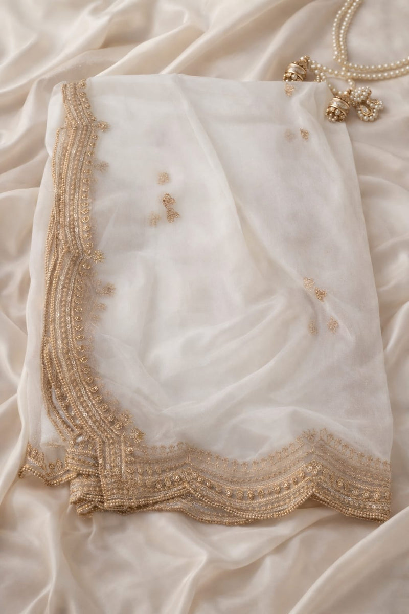 White Organza Dupatta with Golden Lace Border