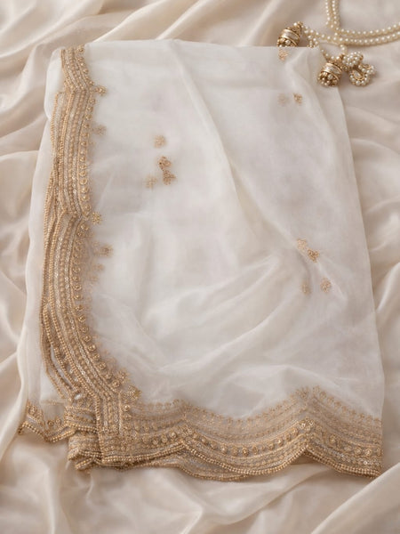 White Organza Dupatta with Golden Lace Border