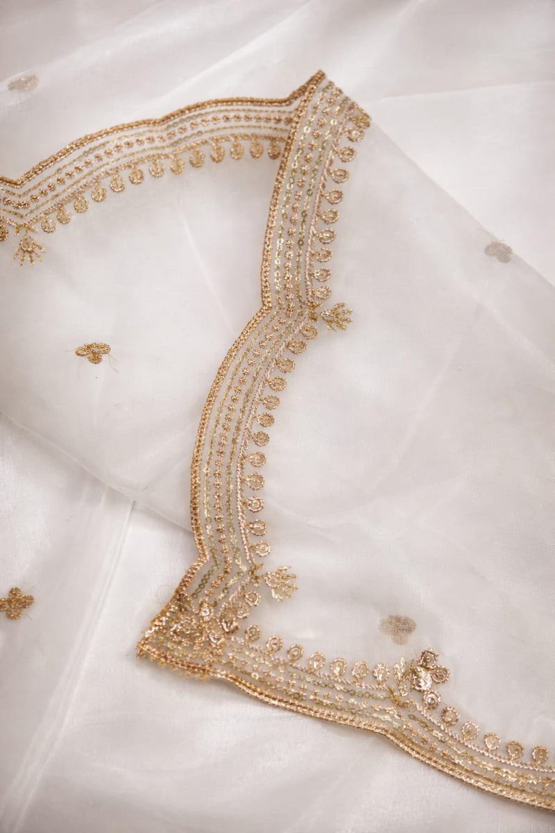 White Organza Dupatta with Golden Lace Border