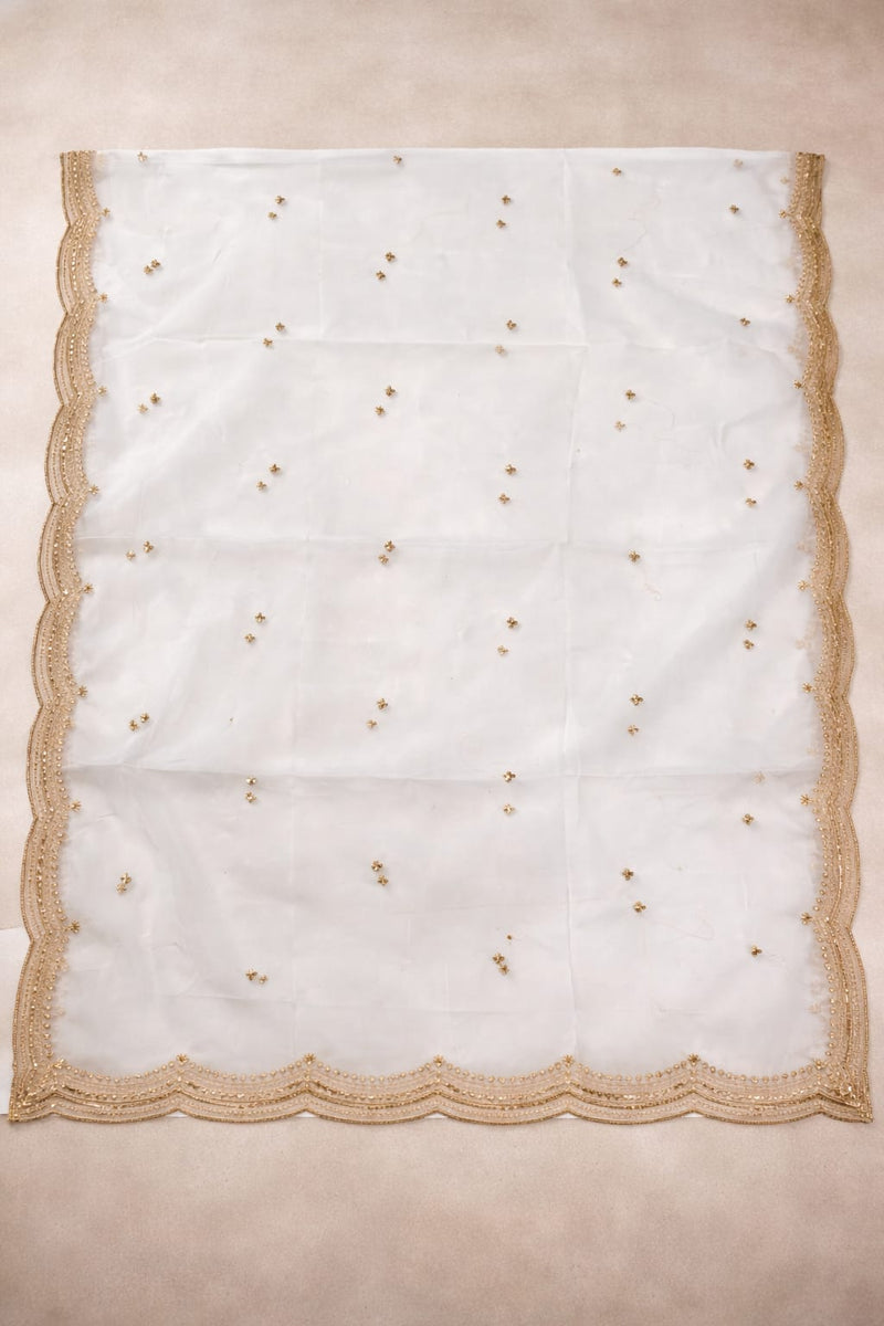 White Organza Dupatta with Golden Lace Border
