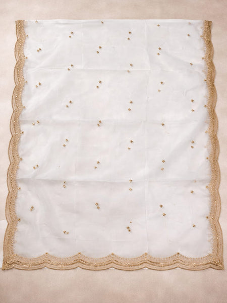 White Organza Dupatta with Golden Lace Border