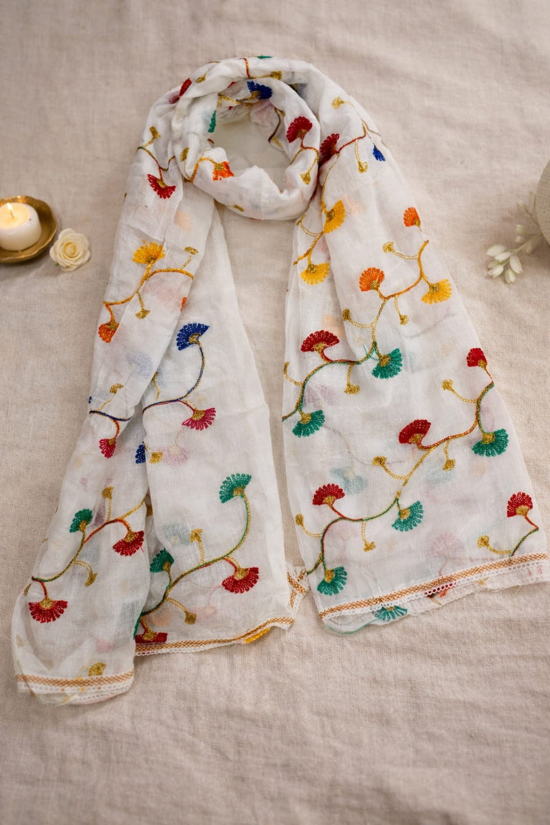 White Cotton Floral Embroidered Dupatta for Women