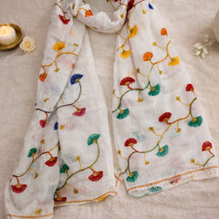 White Cotton Floral Embroidered Dupatta for Women