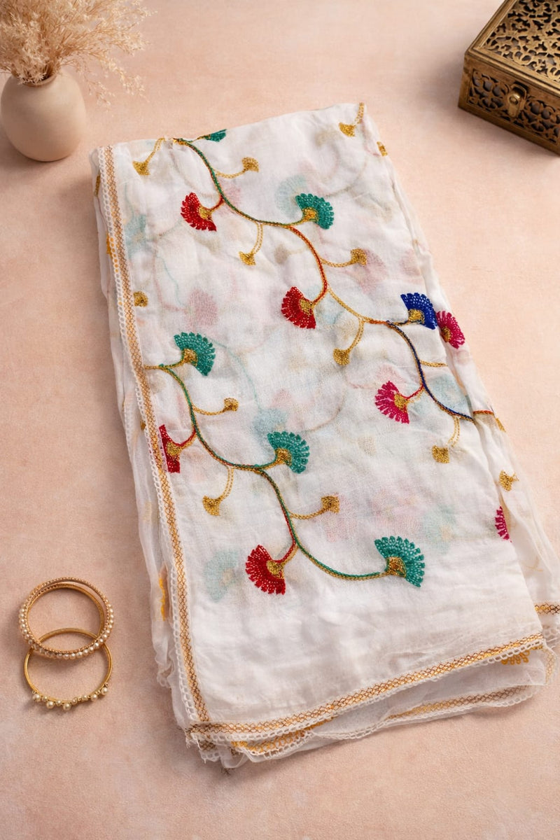 White Cotton Floral Embroidered Dupatta for Women