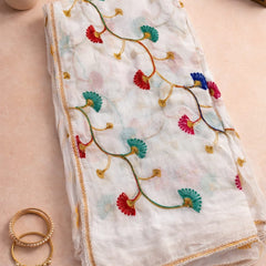 White Cotton Floral Embroidered Dupatta for Women