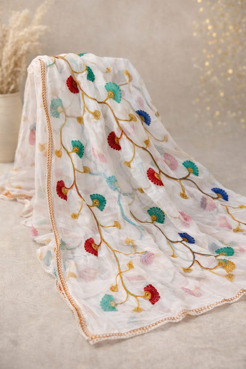 White Cotton Floral Embroidered Dupatta for Women
