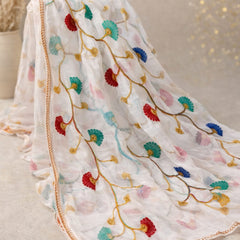 White Cotton Floral Embroidered Dupatta for Women